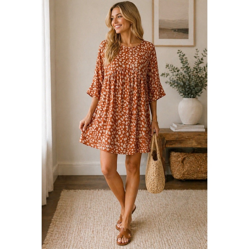 Hailey & Co Rust Polka Dot Babydoll Tunic Dress Women M Flowy Boho Empire Waist